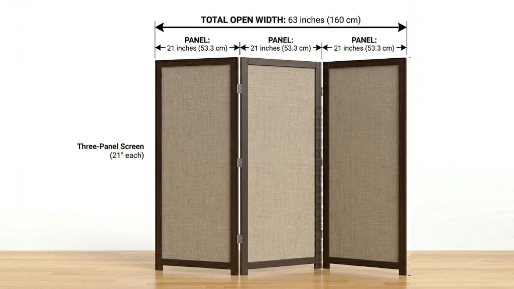 Three-panel folding room divider screen shown fully extended at 63 inches wide in studio apartment