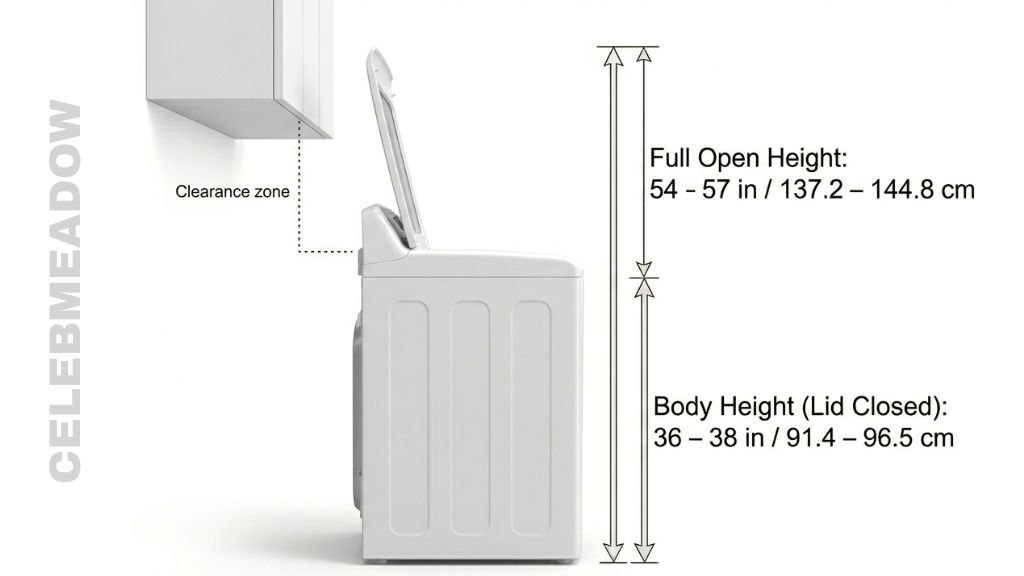 A top-loading washing machine with the lid fully open, reaching 57 inches in total height from the floor