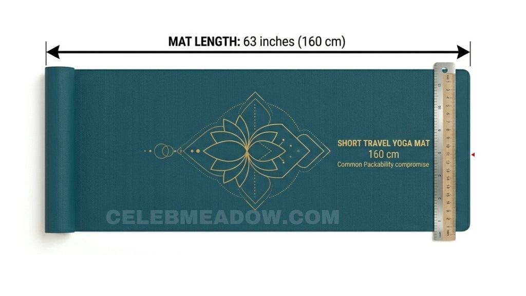 63-inch travel yoga mat laid flat on floor with a 5-foot-3 person lying on it to show length comparison
