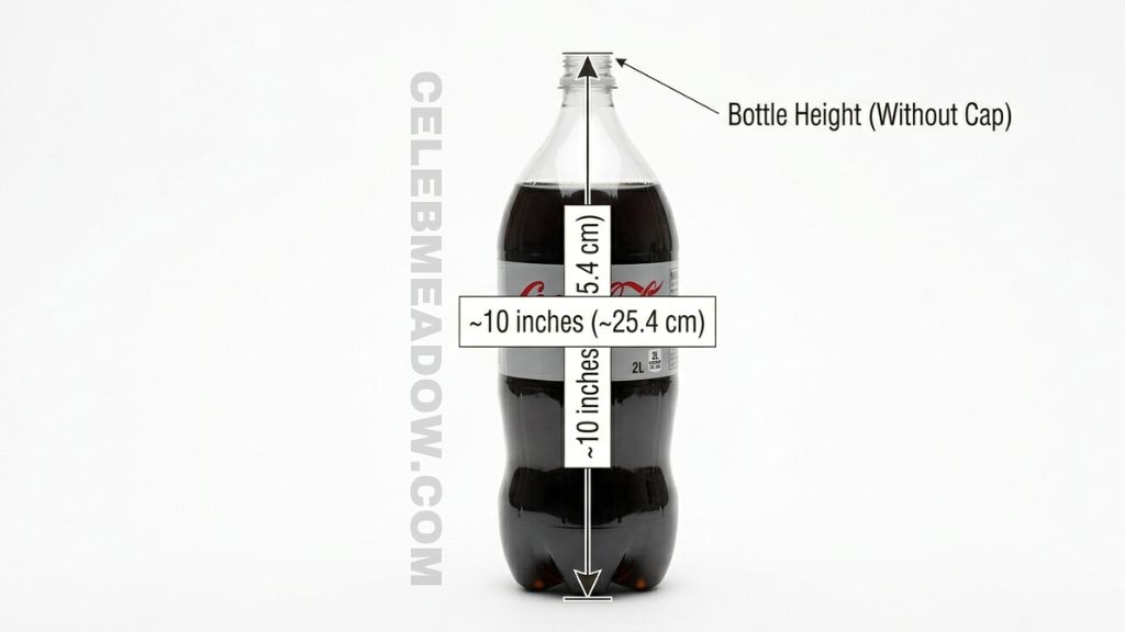 Standard 2-liter plastic soda bottle standing approximately 10 inches long tall without cap