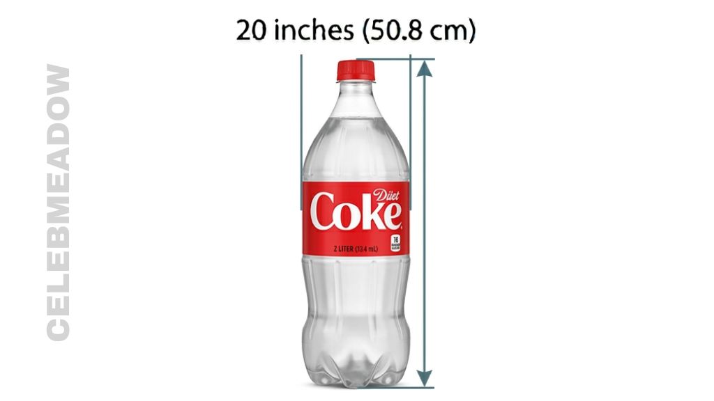 A standard 2-liter soda bottle standing upright, showing a height of approximately 20 inches from base to cap