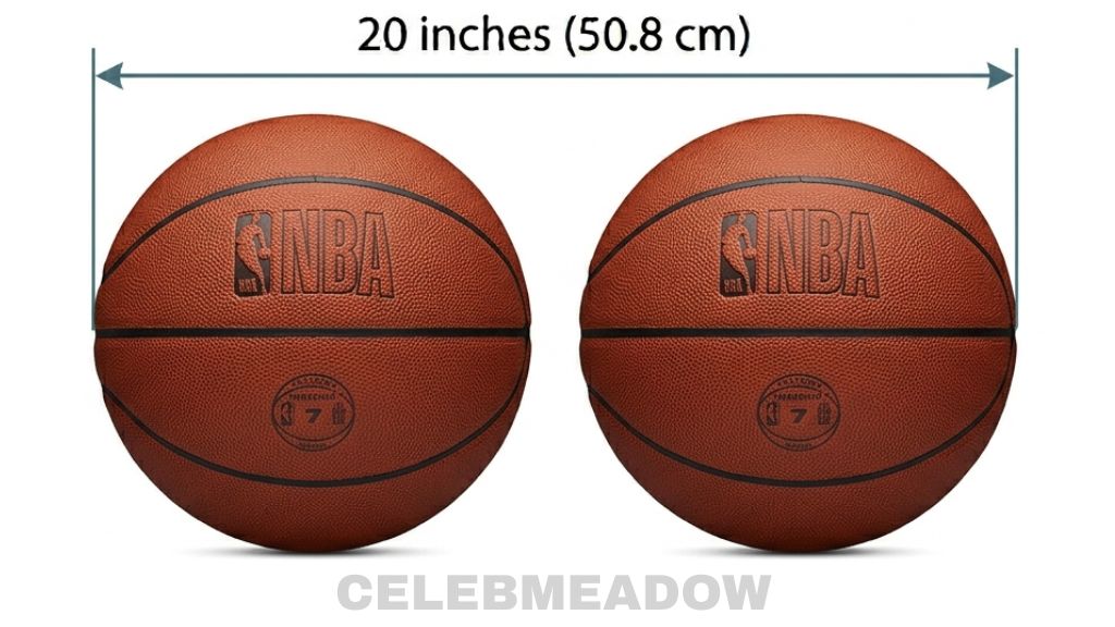 Two regulation men's basketballs placed side by side, showing a combined width of approximately 20 inches