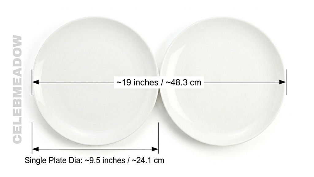 Two round dinner plates placed side by side on a table with a measurement arrow showing approximately 19 inches total combined width
