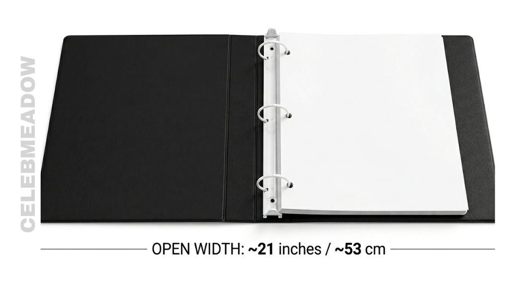 A standard letter-size 3-ring binder opened flat on a desk, measuring approximately 21 inches wide