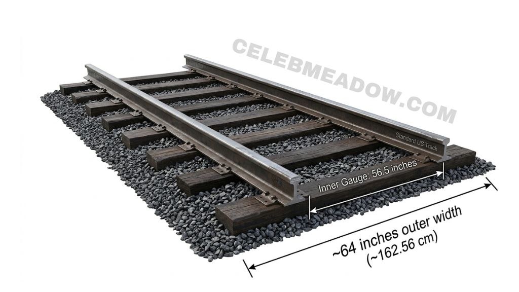 Top-down view of railroad tracks showing 64-inch tall total outer width between rail edges