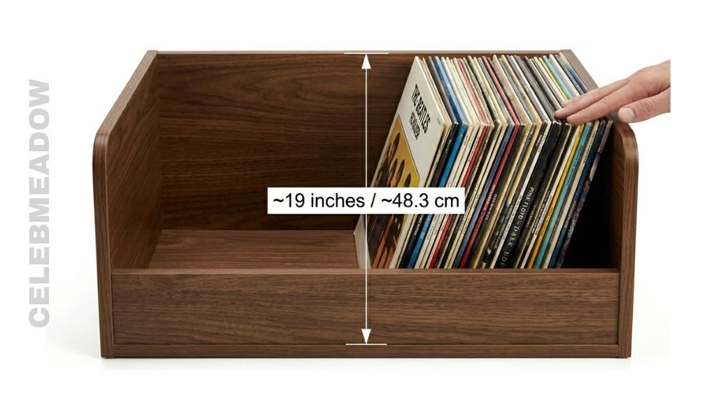 Wooden record store bin viewed from the side with a measurement arrow showing approximately 19 inches depth from front to back