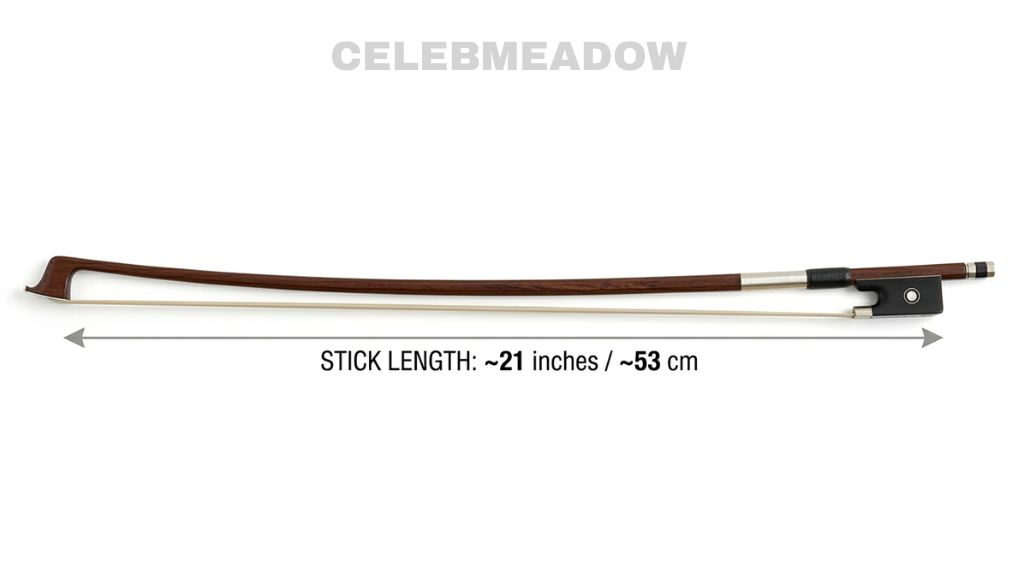 A 3/4-size student violin bow with the stick measuring approximately 21 inches, held alongside a full-size bow for comparison