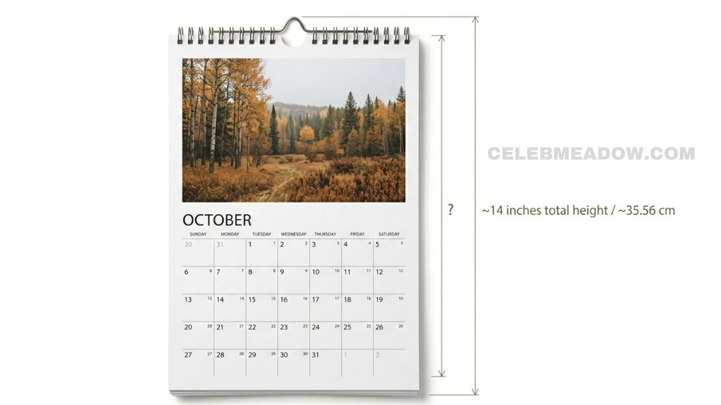 Standard wall calendar hanging on a kitchen wall, showing full height including spiral binding at approximately 14 inches