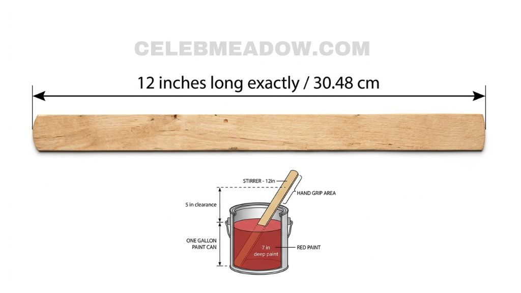 Full-size 12-inch wooden paint stirrer resting beside a one-gallon paint can
