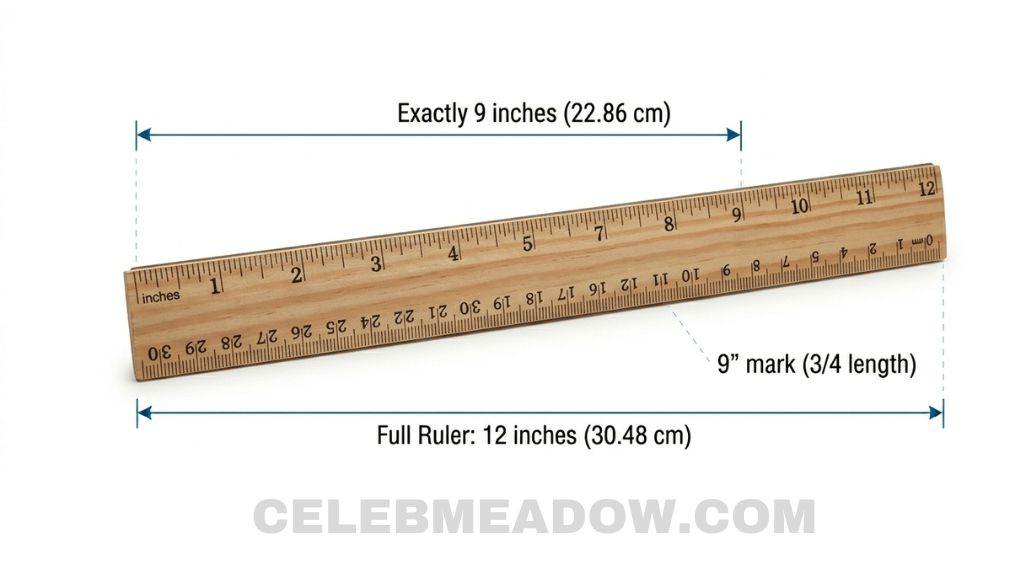 Wooden 12-inch school ruler with 9-inch mark highlighted showing three-quarter length