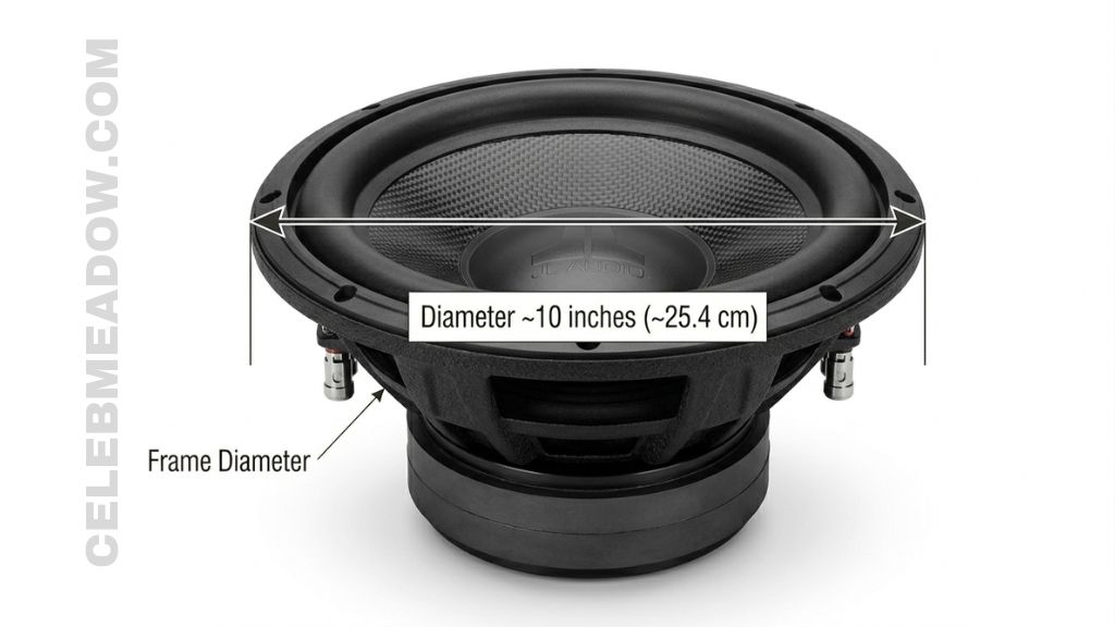 10-inch big subwoofer driver showing nominal diameter across the speaker frame
