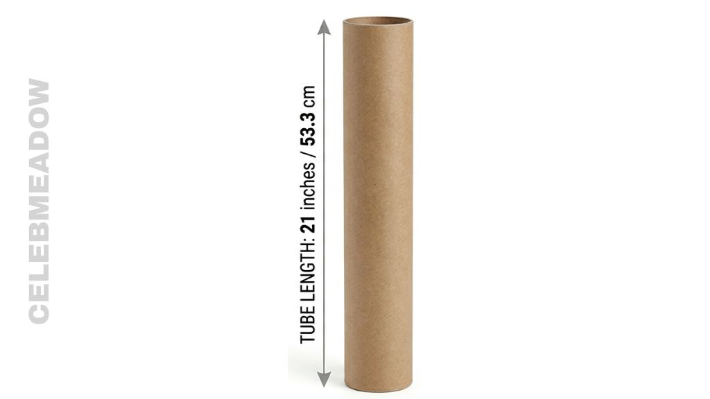 An empty cardboard tube from a roll of gift wrap, measuring 21 inches in length