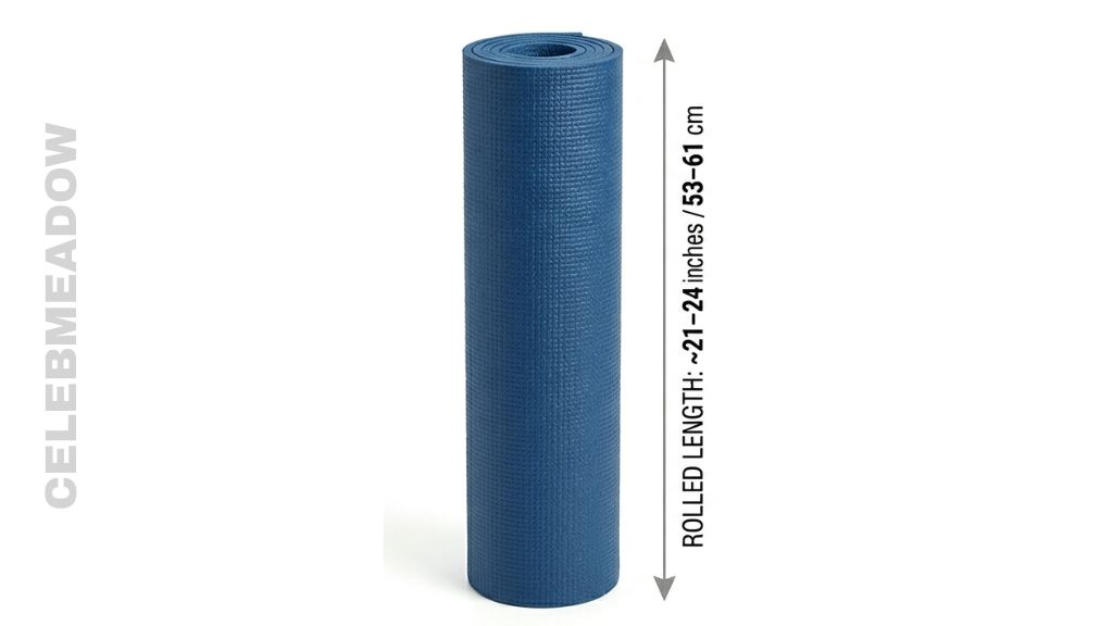A tightly rolled yoga mat showing the cylinder length of approximately 21 to 24 inches