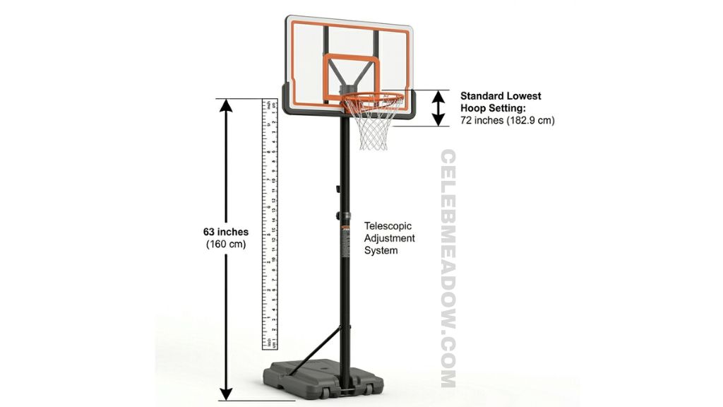 Adjustable youth basketball hoop set at 63 inches showing height relative to a young child