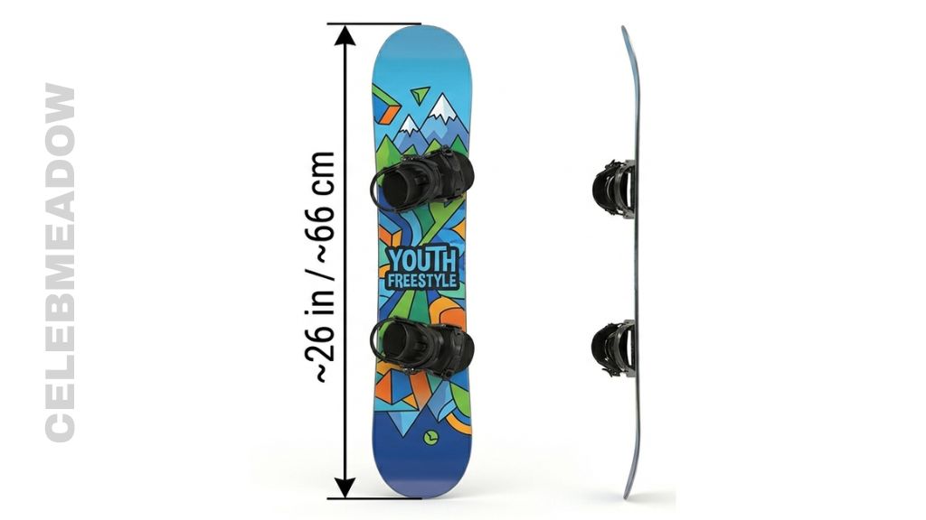 Youth snowboard measuring approximately 26 inches or 66cm in length, leaning against snow