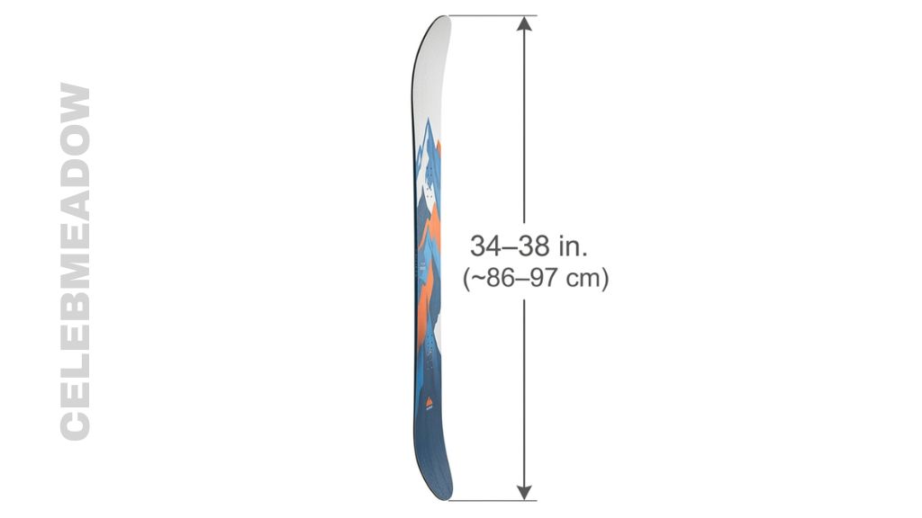 Youth snowboard laid flat on snow approximately 36 inches in length