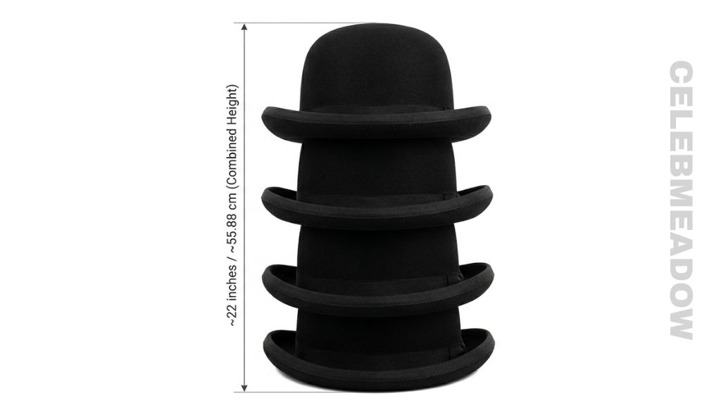 Four Stacked Bowler Hats (Combined Height) that is 22 Inches Long